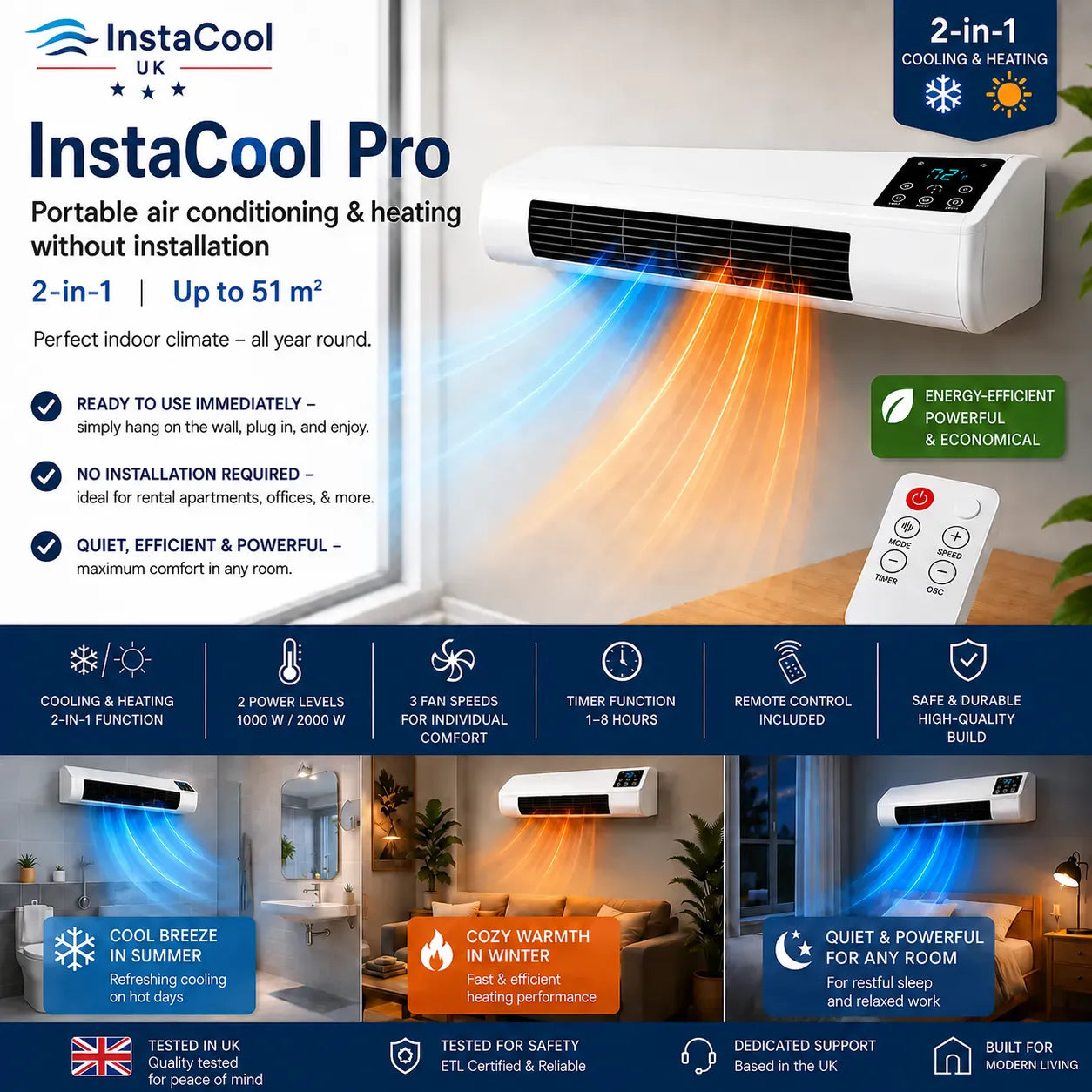 InstaCool Pro - Portable Air Conditioner & Heater – No Installation Required | 2-in-1 | Covers Up to 51 m²