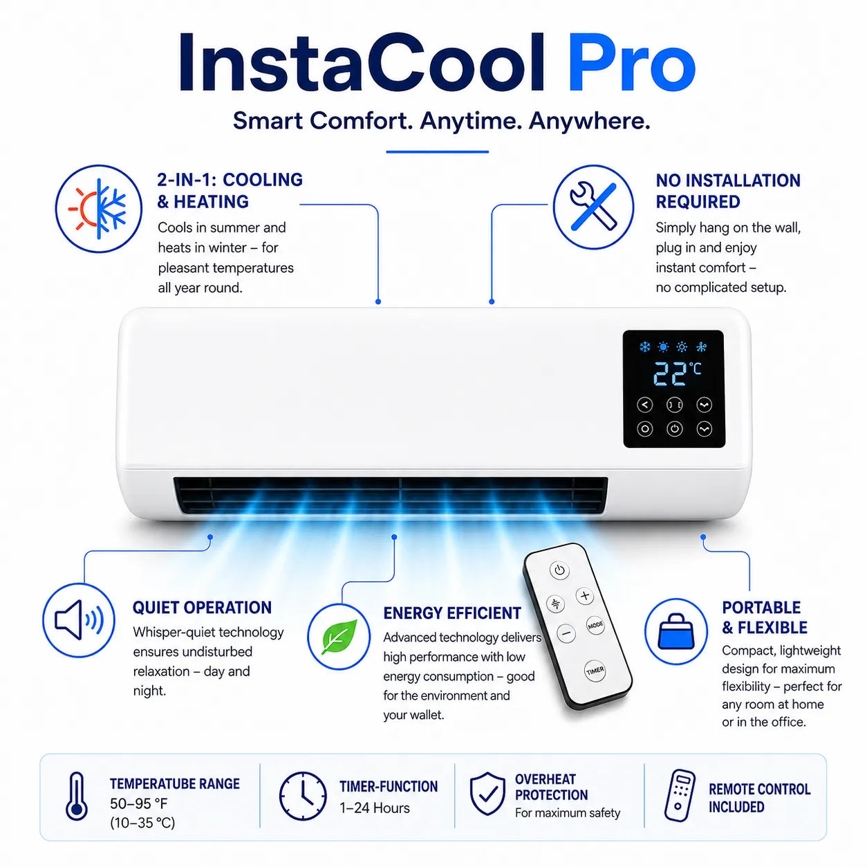 InstaCool Pro - Portable Air Conditioner & Heater – No Installation Required | 2-in-1 | Covers Up to 51 m²